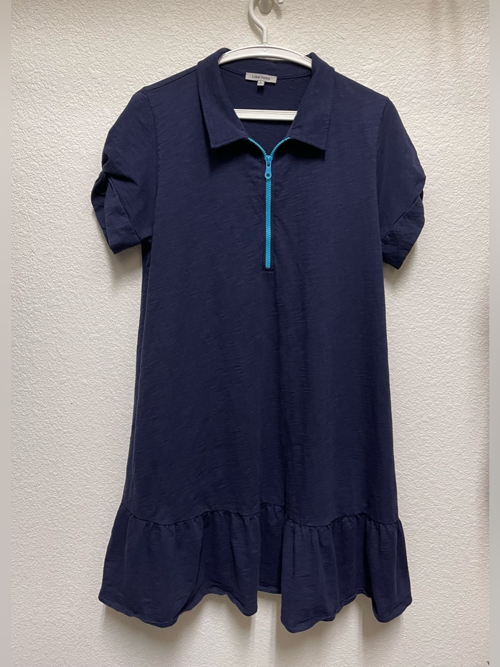 LISA TODD Courtside Navy Bright Turquoise Zip Dress Summer Vacation Size L